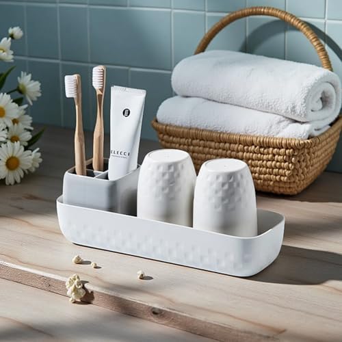Toothbrush Holder Set - 2 Wave Cups 3 Slots Kids Couples Friendly