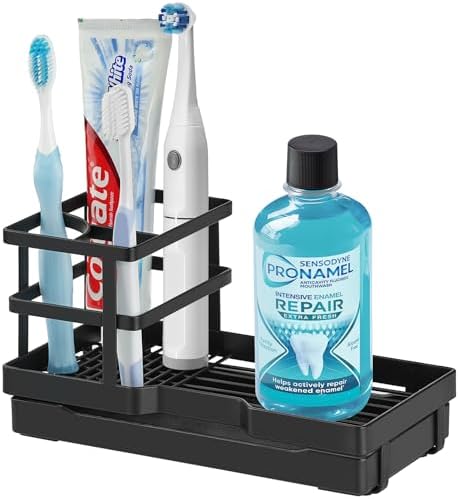 Stylish Black Toothbrush Holder Perfect for Your Bathroom with Drainage Countertop Organizer