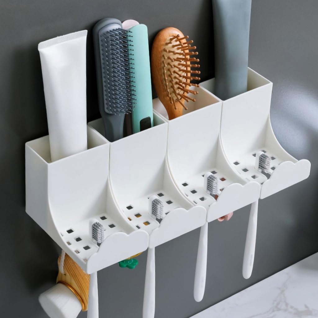 Wall Mounted Toothbrush Holder with Squeezer and Storage