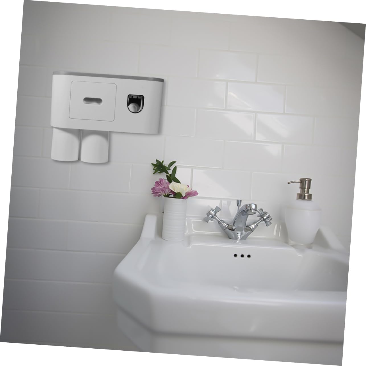 FOYTOKI Wall-Mounted Toothpaste Dispenser Toothbrush Holder with 2 Cups