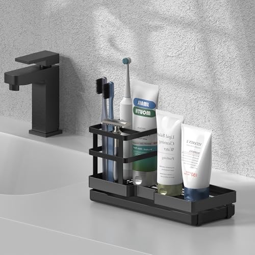 Stylish Black Toothbrush Holder Perfect for Your Bathroom with Drainage Countertop Organizer