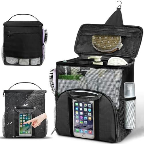 Compact Portable Mesh Shower Caddy with Phone Pocket for College Students