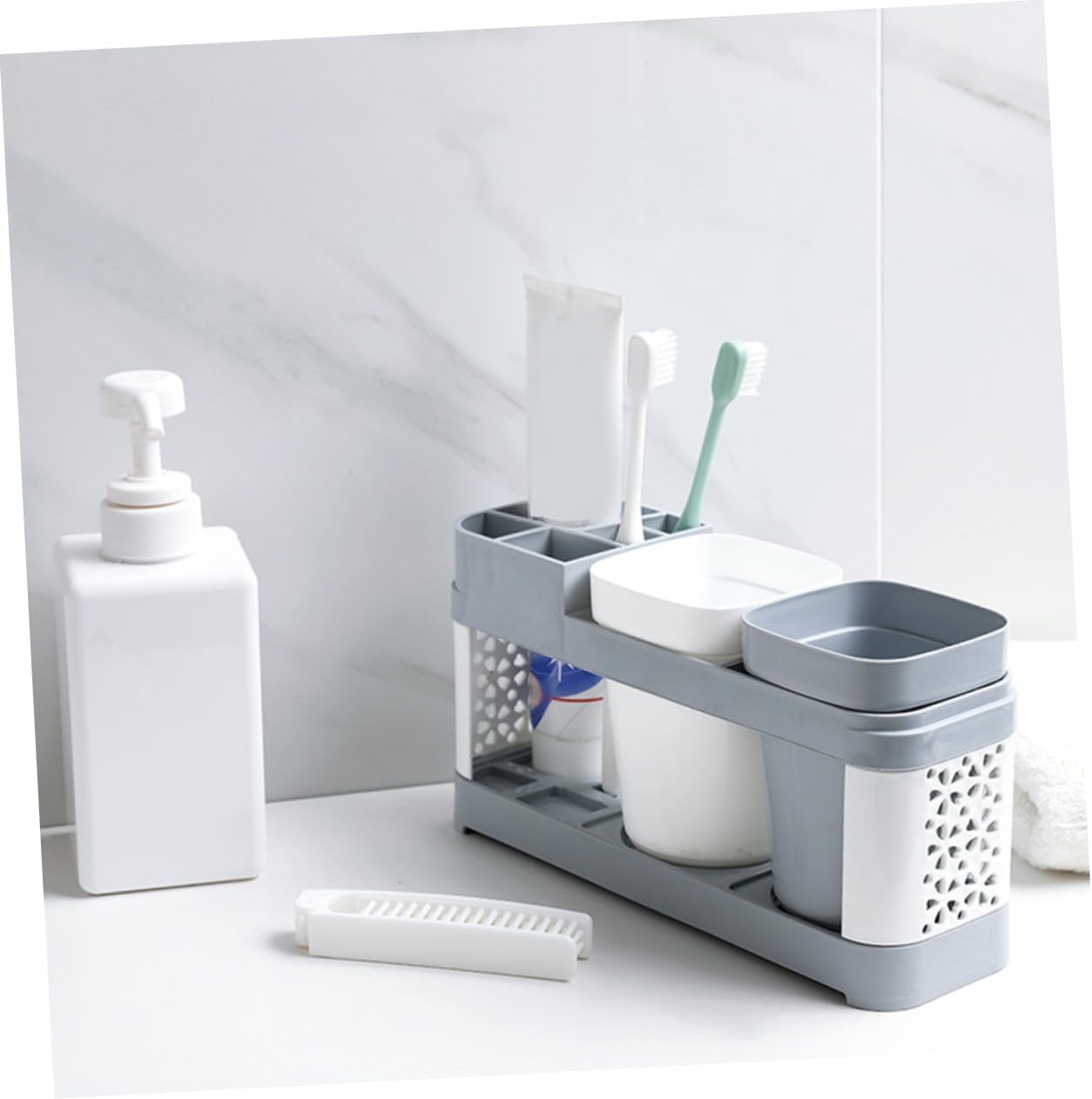 Bathroom Toothbrush Organizer With 2 Cups And 5 Slots