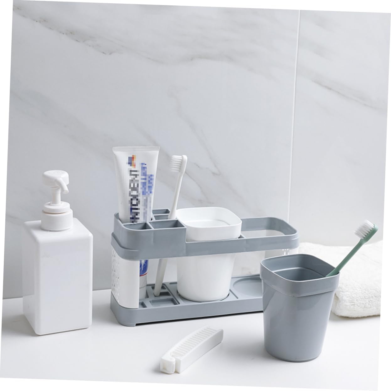 Bathroom Toothbrush Organizer With 2 Cups And 5 Slots