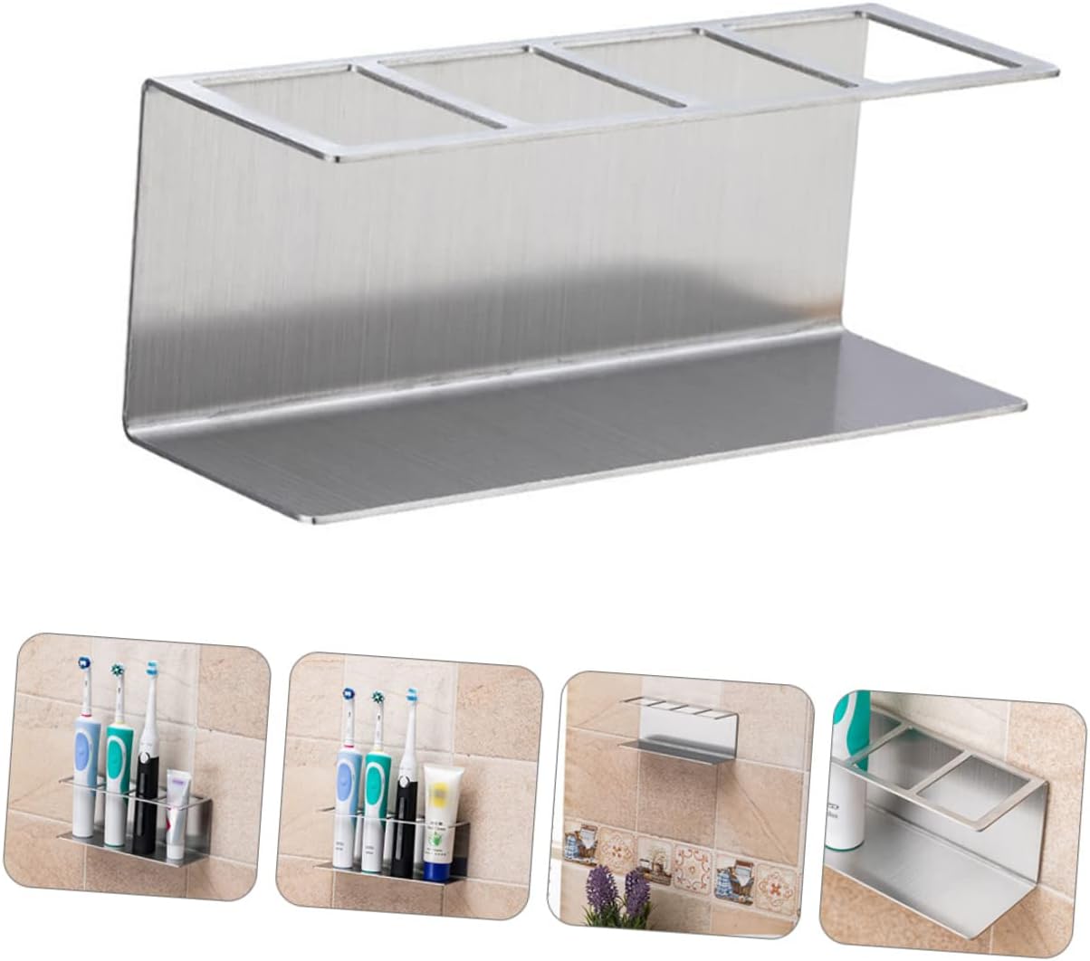 Wall Mounted Stainless Steel Toothpaste Organizer with Electric Toothbrush Slots
