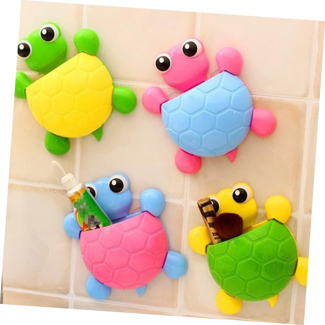 2PCS Cute Green Turtle Suction Cup Toothbrush Toothpaste Holder for Bathroom Organization