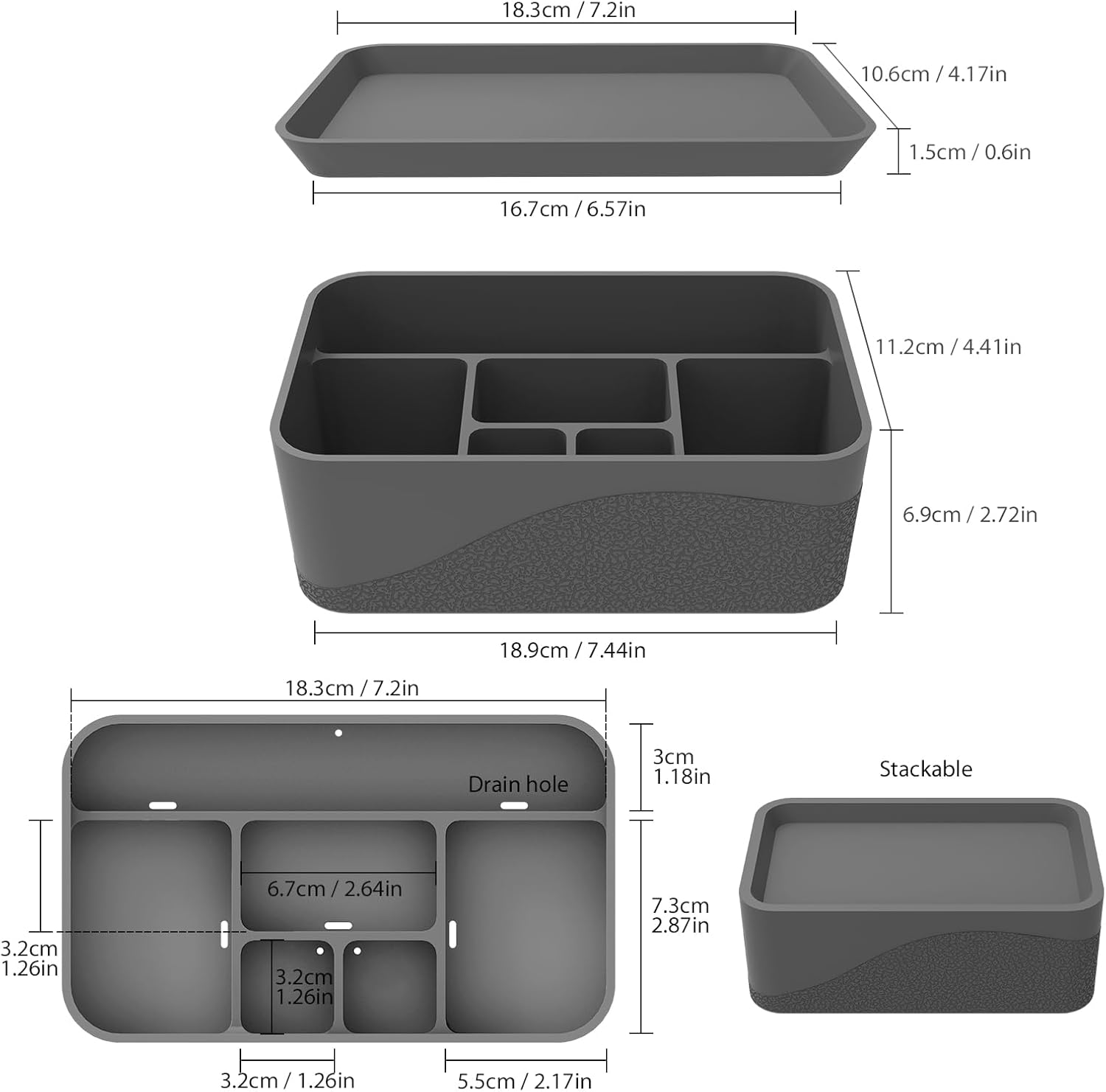 OKeanu Toothbrush and Toothpaste 6 Compartment Silicone Organizer - Darkgray