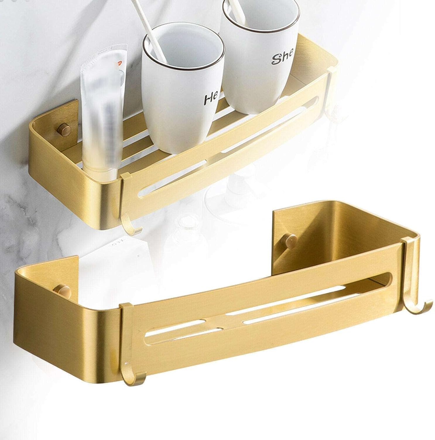 FINANCIALLY LIT Gold Aluminum Single Layer Shower Caddy Storage Shelf - Bathroom Organizer