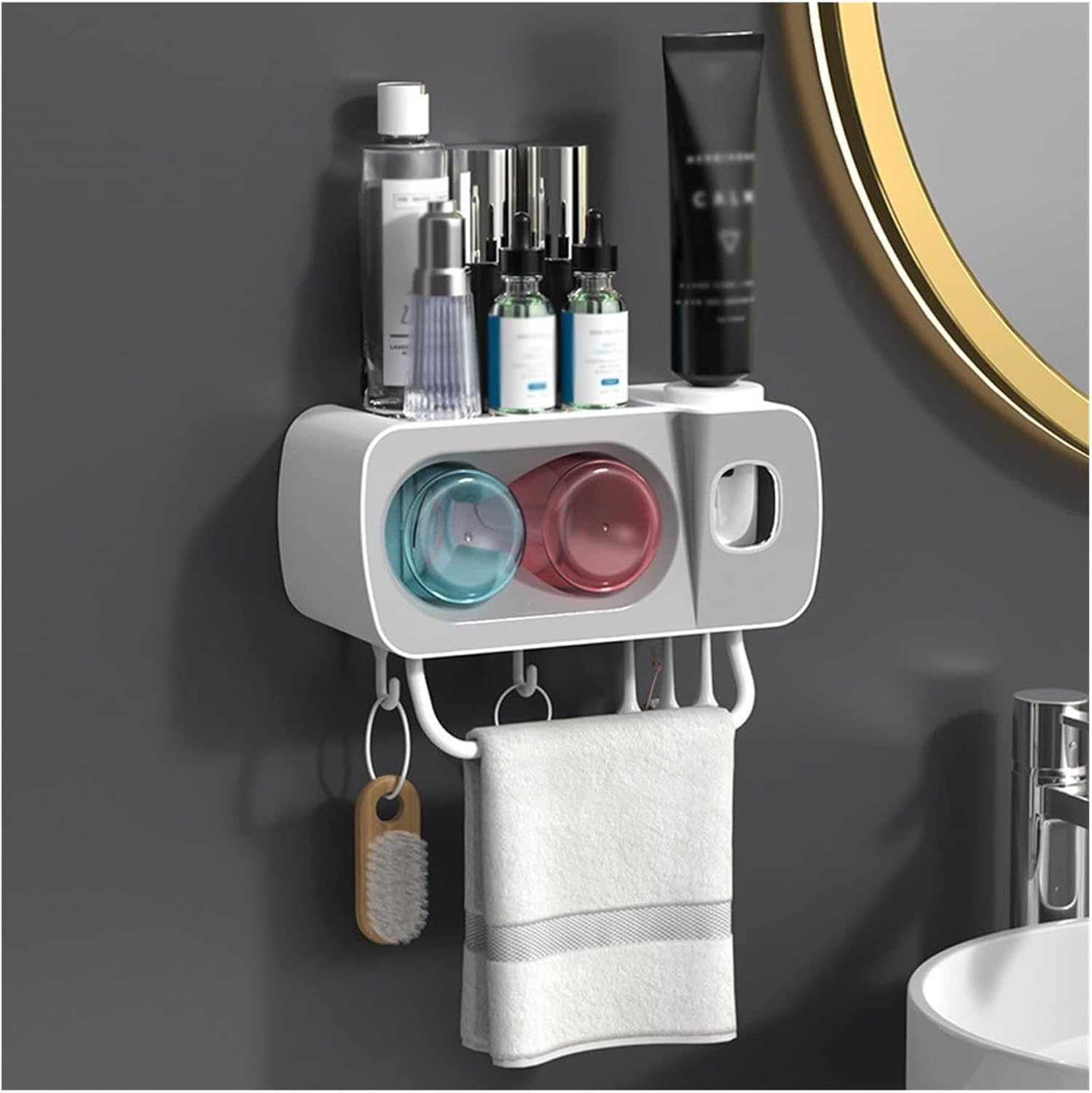 Wall Mount Toothbrush Holder With Eco-Friendly Squeezer 4 Mouthwash Cups