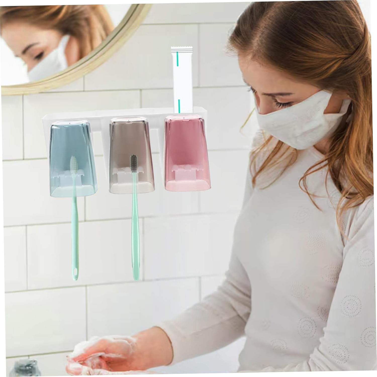 1Set Multifunction Wall Mounted Toothbrush Rack with Cups