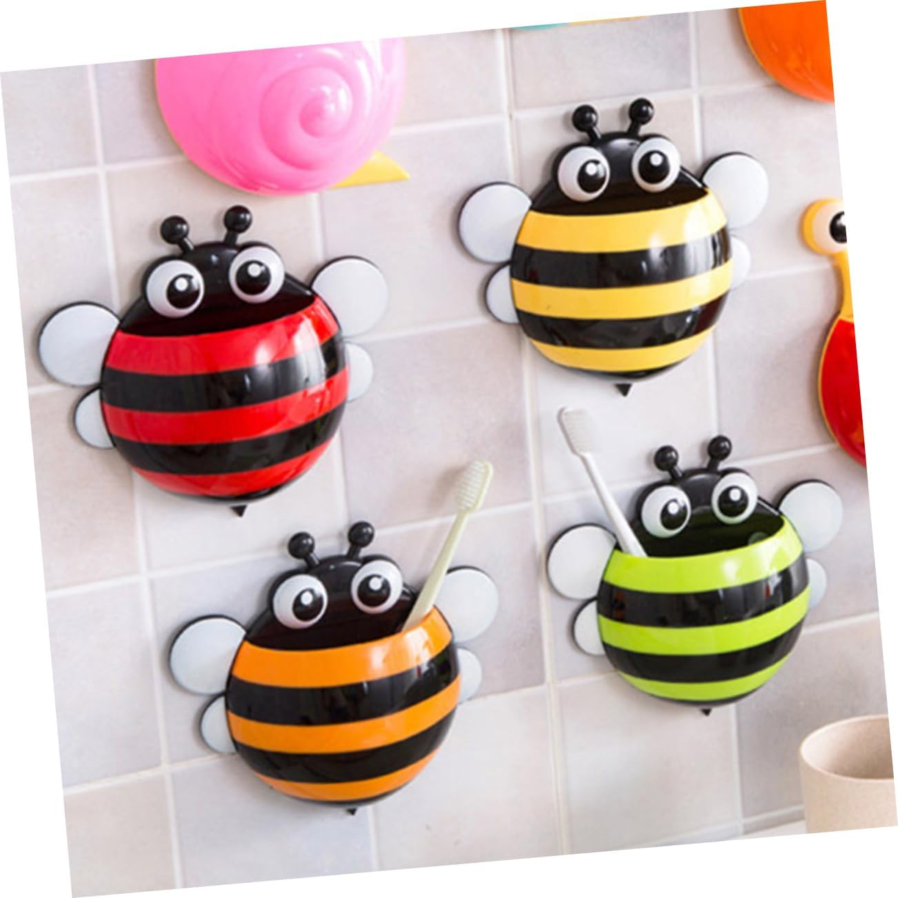 4-Piece Cartoon Bee Toothbrush Holder Suction Cup Organizer for Boys