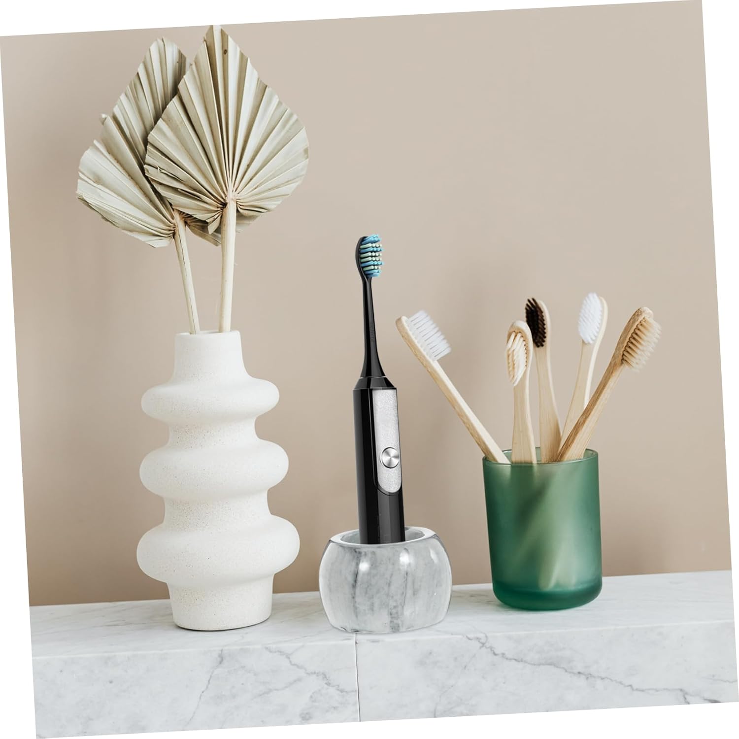 Two-Piece Marble Pattern Toothbrush Stand For Electric Toothbrushes Bathroom Holder