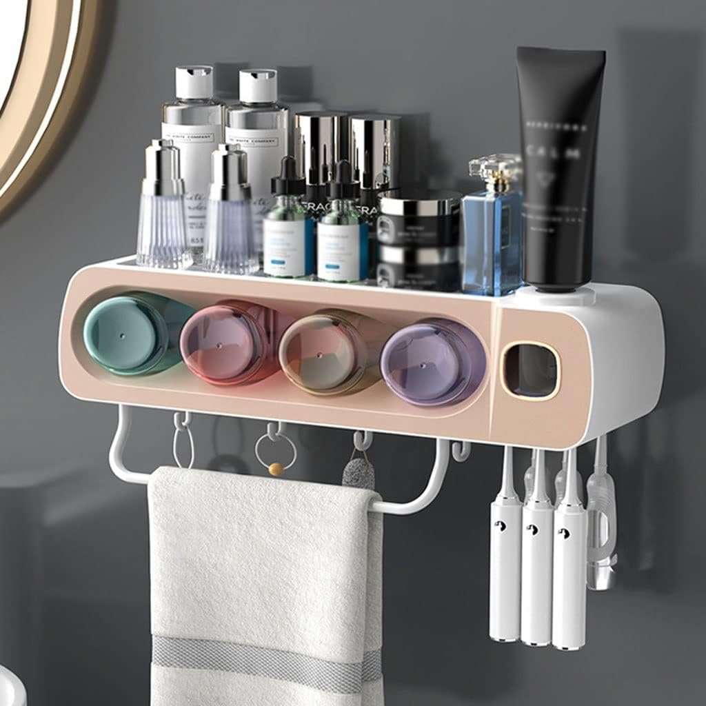 Wall Mount Toothbrush Holder With Eco-Friendly Squeezer 4 Mouthwash Cups