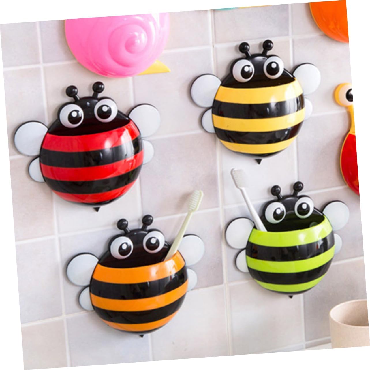 4PCS Cartoon Honeybee Suction Cup Toothbrush Holder for Bathroom Travel