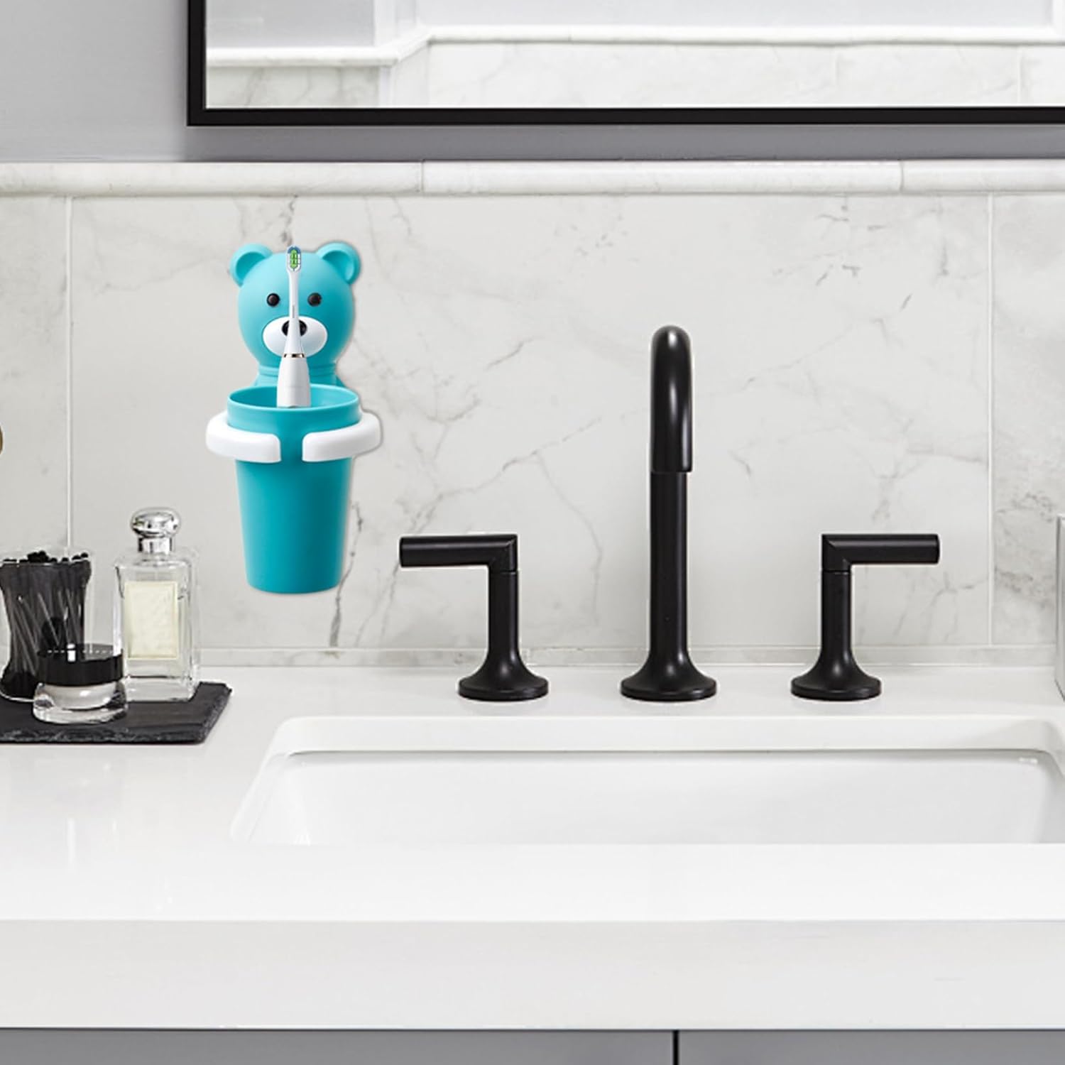 Cute Kids Toothbrush Holder with Cup Set Bear Shaped Wall Mounted