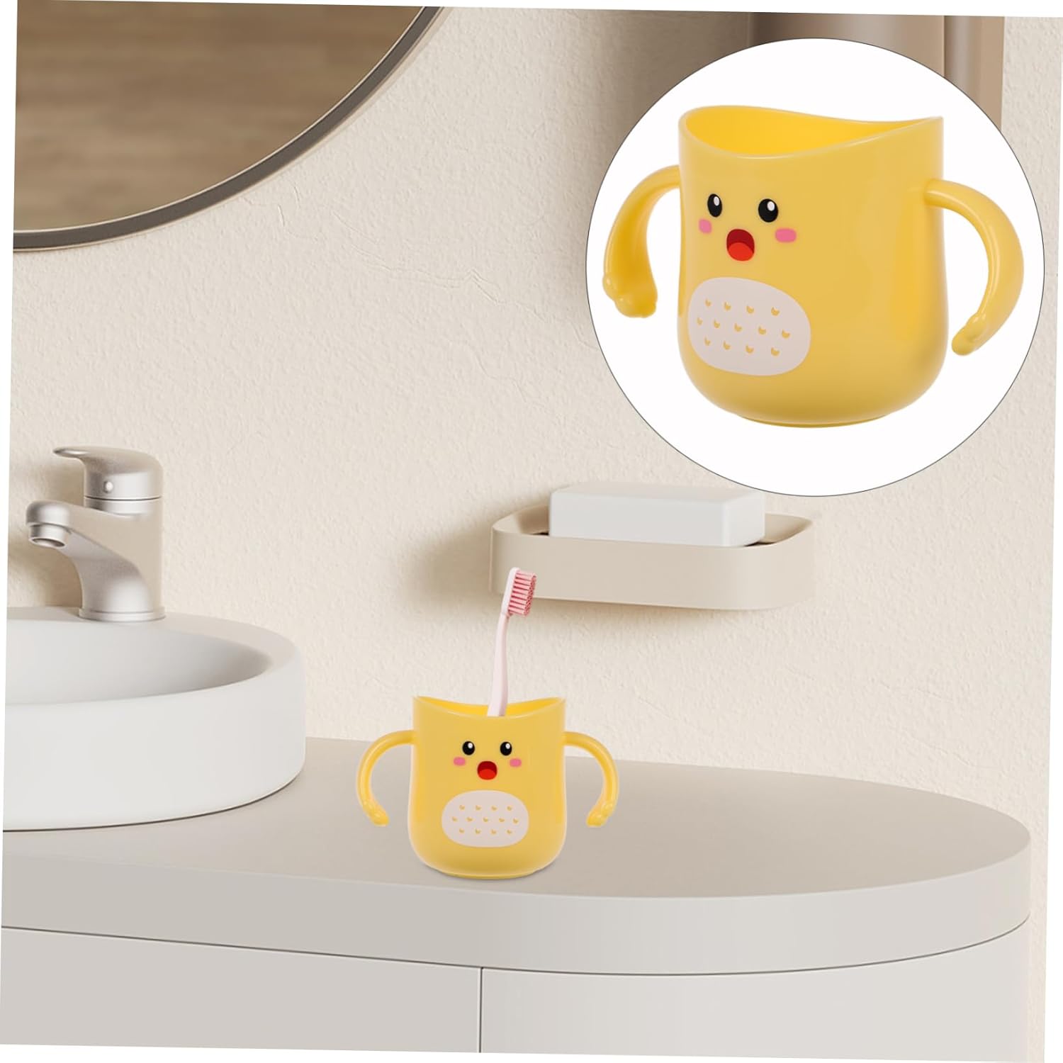 Kisangel Toothbrush Cup Double Handles Durable Cartoon Holder Easy to Clean