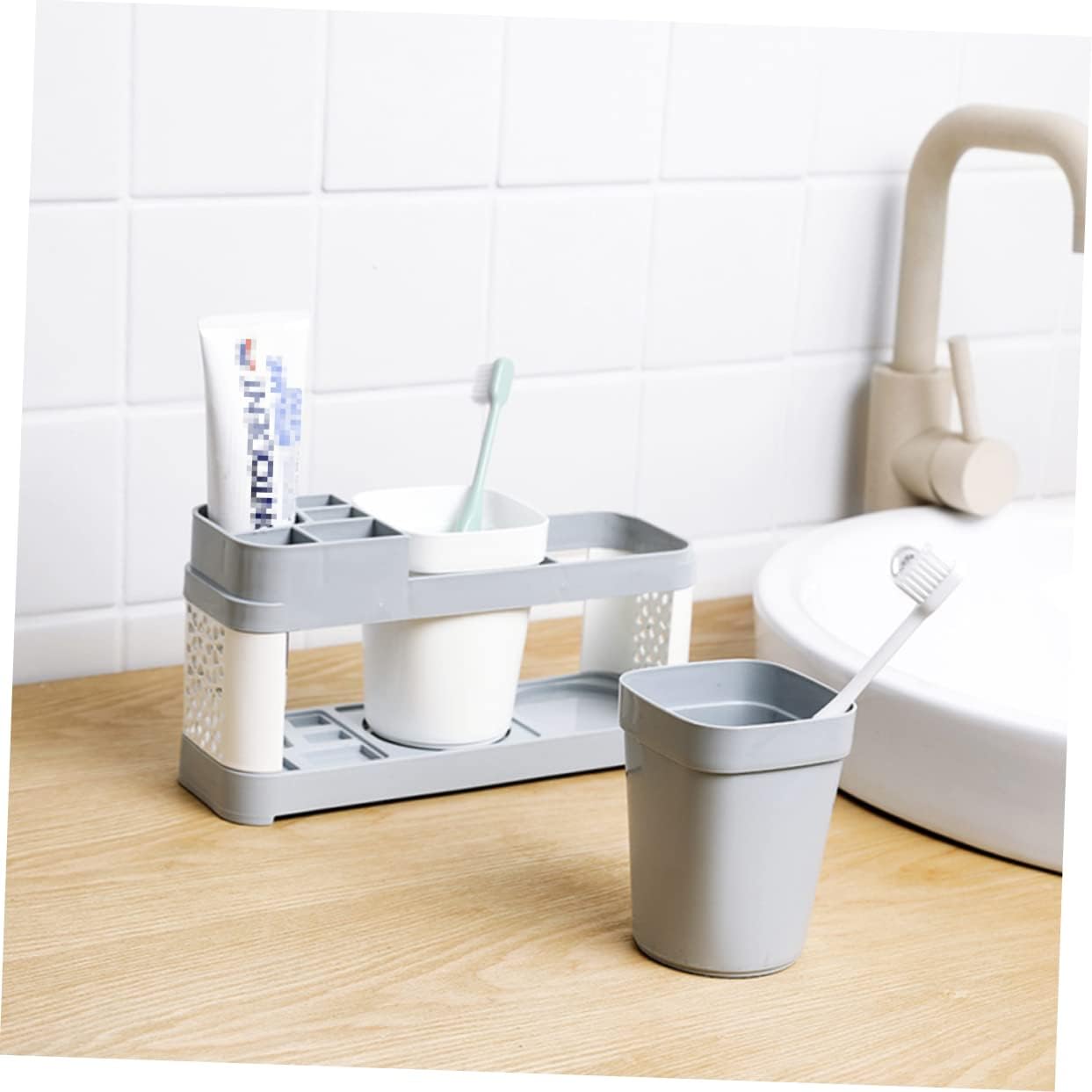 Bathroom Toothbrush Organizer With 2 Cups And 5 Slots