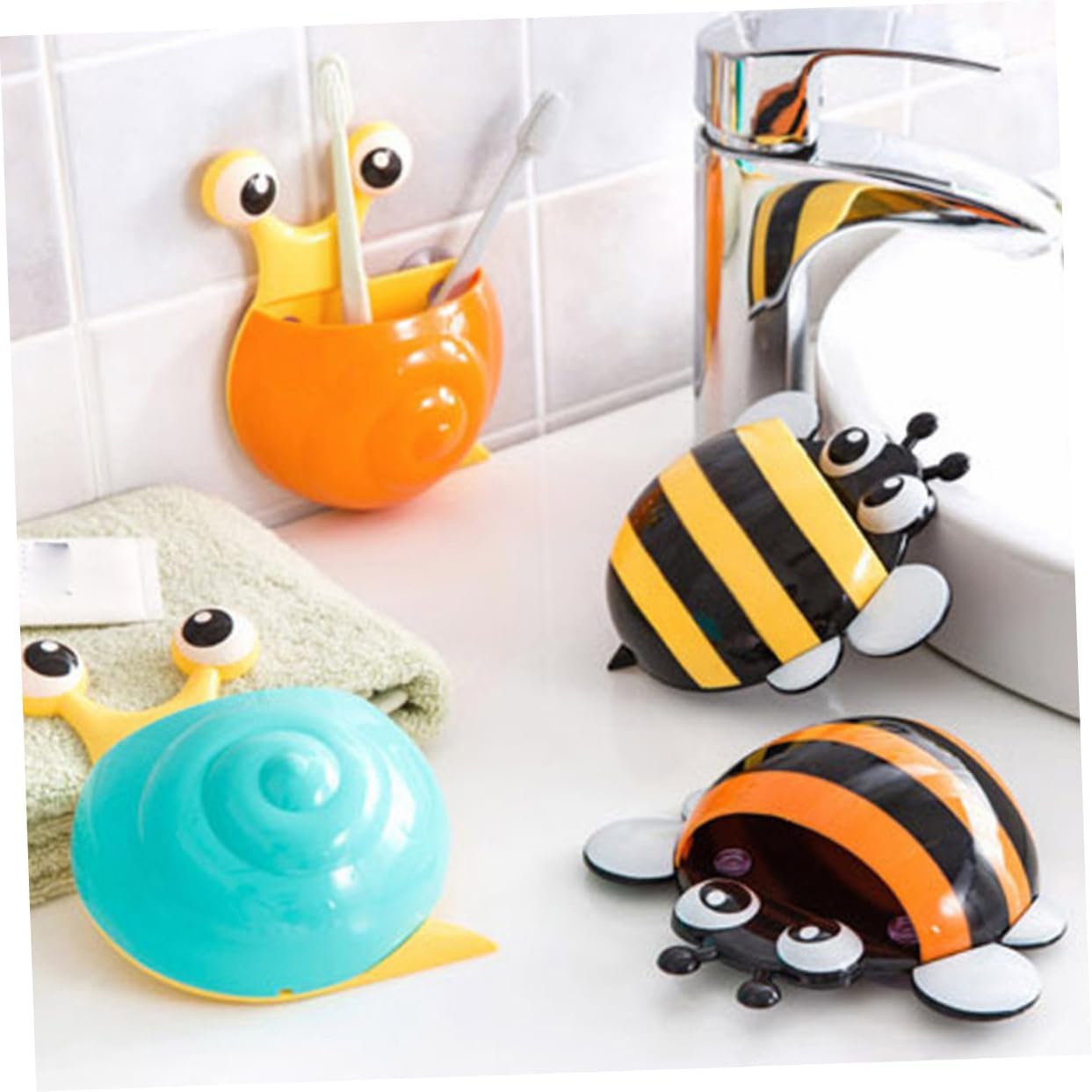 4-Piece Cartoon Bee Toothbrush Holder Suction Cup Organizer for Boys