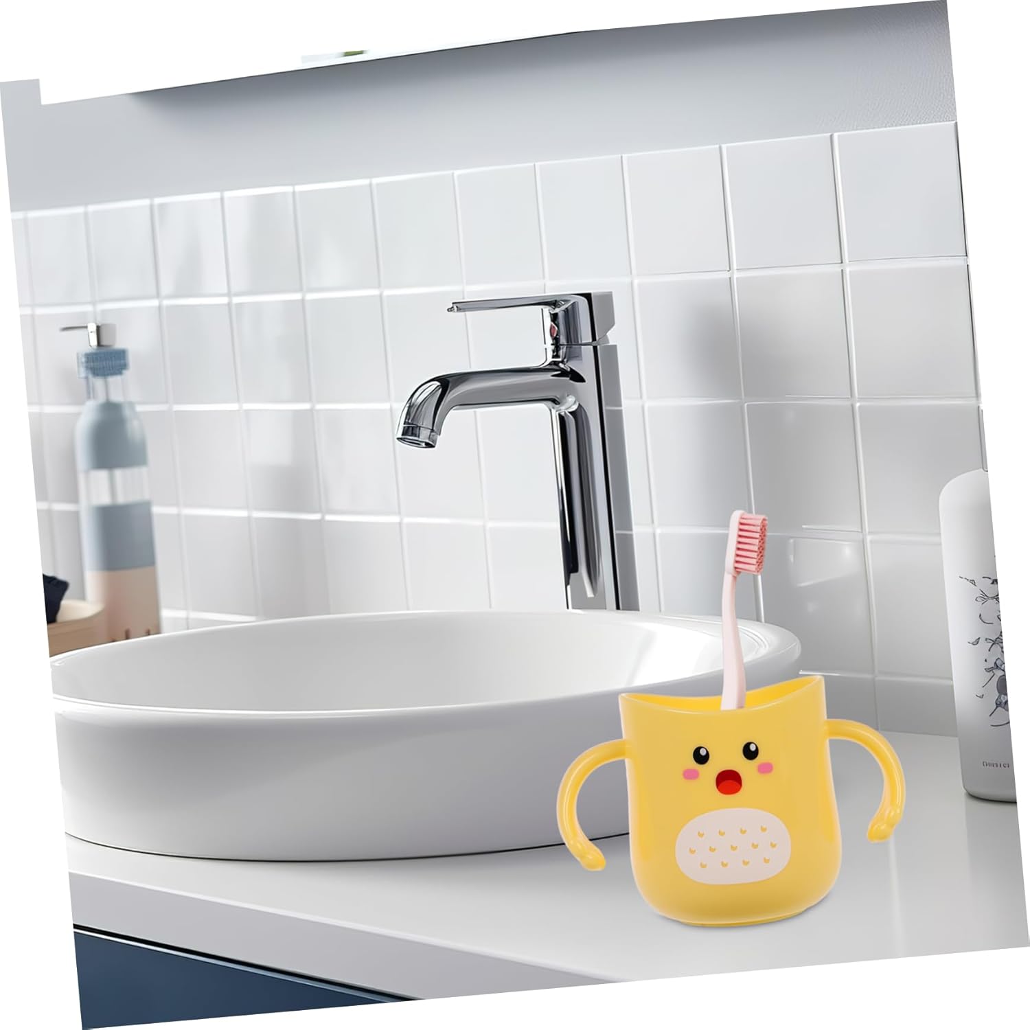 Kisangel Toothbrush Cup Double Handles Durable Cartoon Holder Easy to Clean