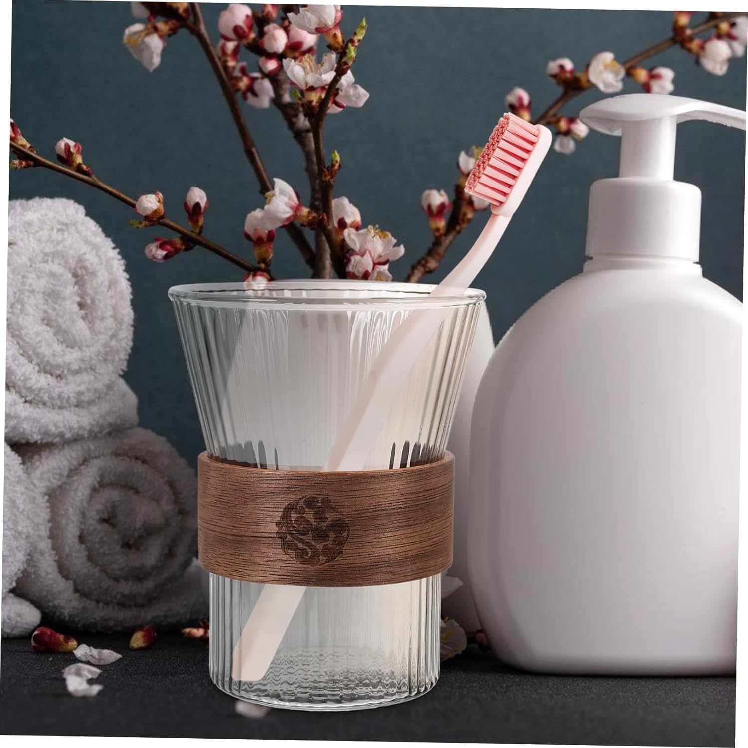 Wakauto Glass Toothbrush Cup with Wood Base