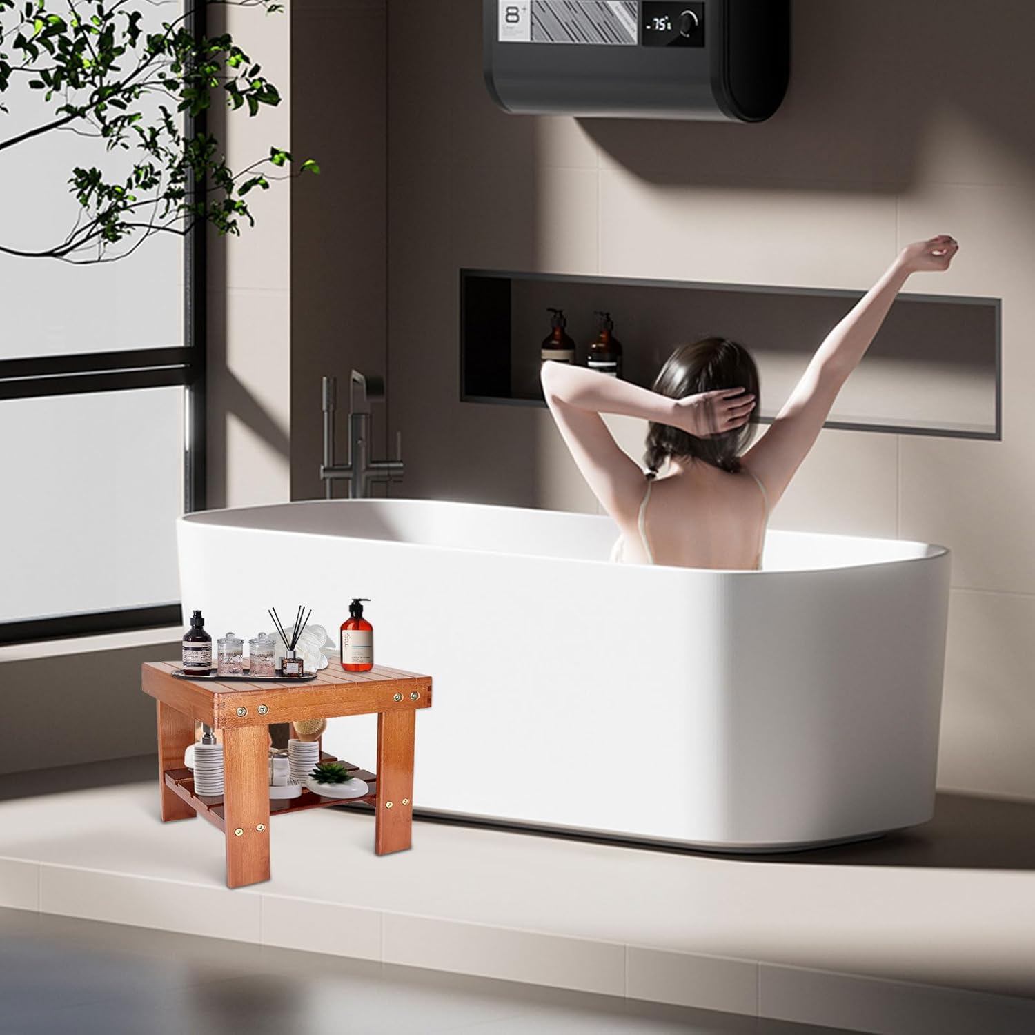 SenenQu Bamboo shower bench with 14-inch storage