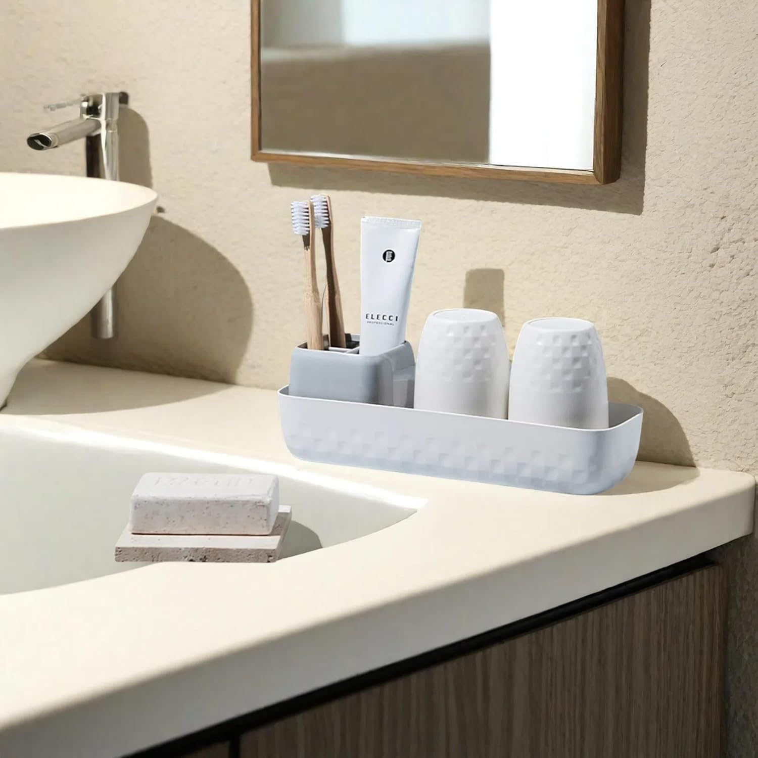 Toothbrush Holder Set - 2 Wave Cups 3 Slots Kids Couples Friendly