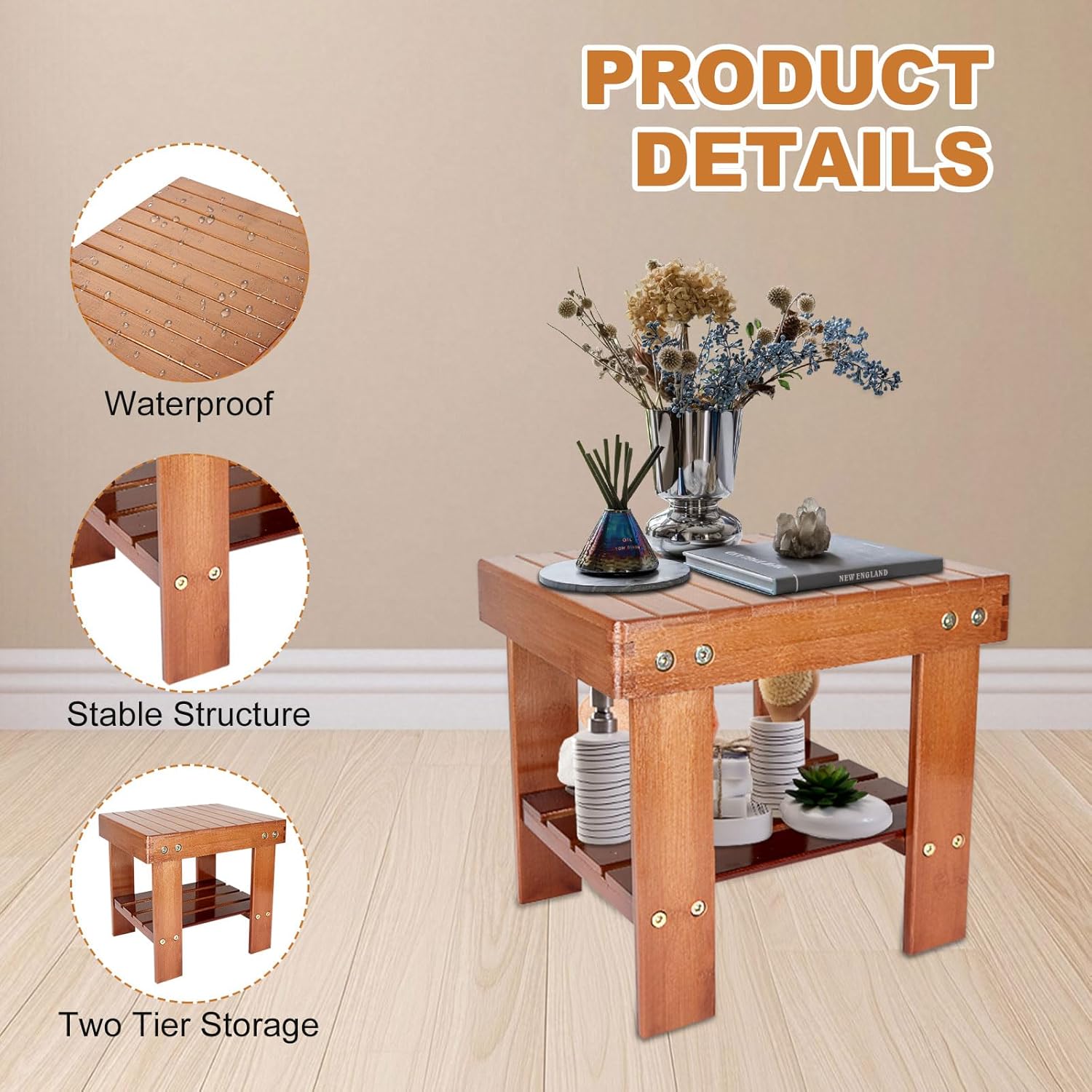 SenenQu Bamboo shower bench with 14-inch storage