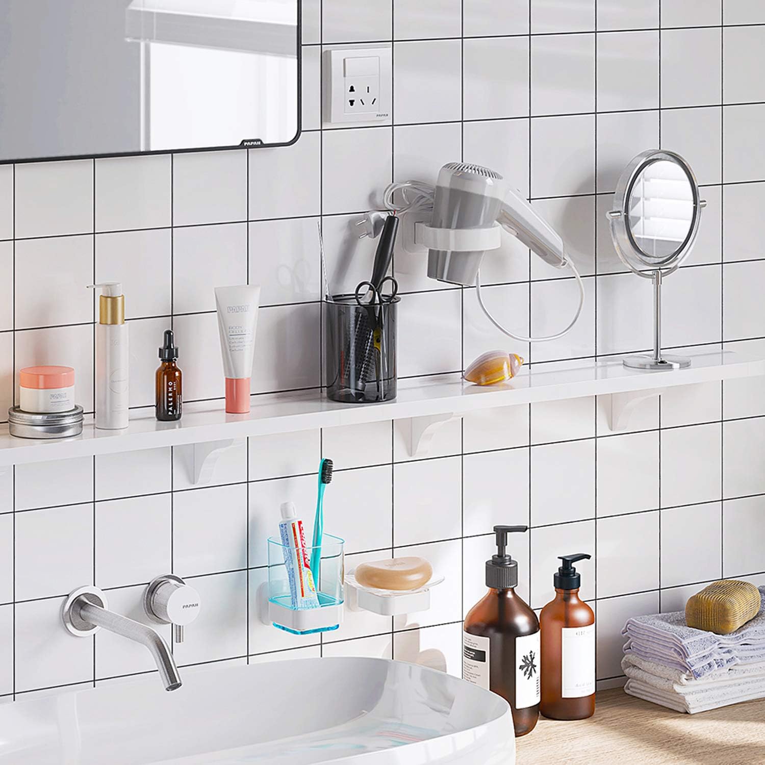 Wall-Mounted Toothbrush Holder Toothpaste Organizer BlueChrome