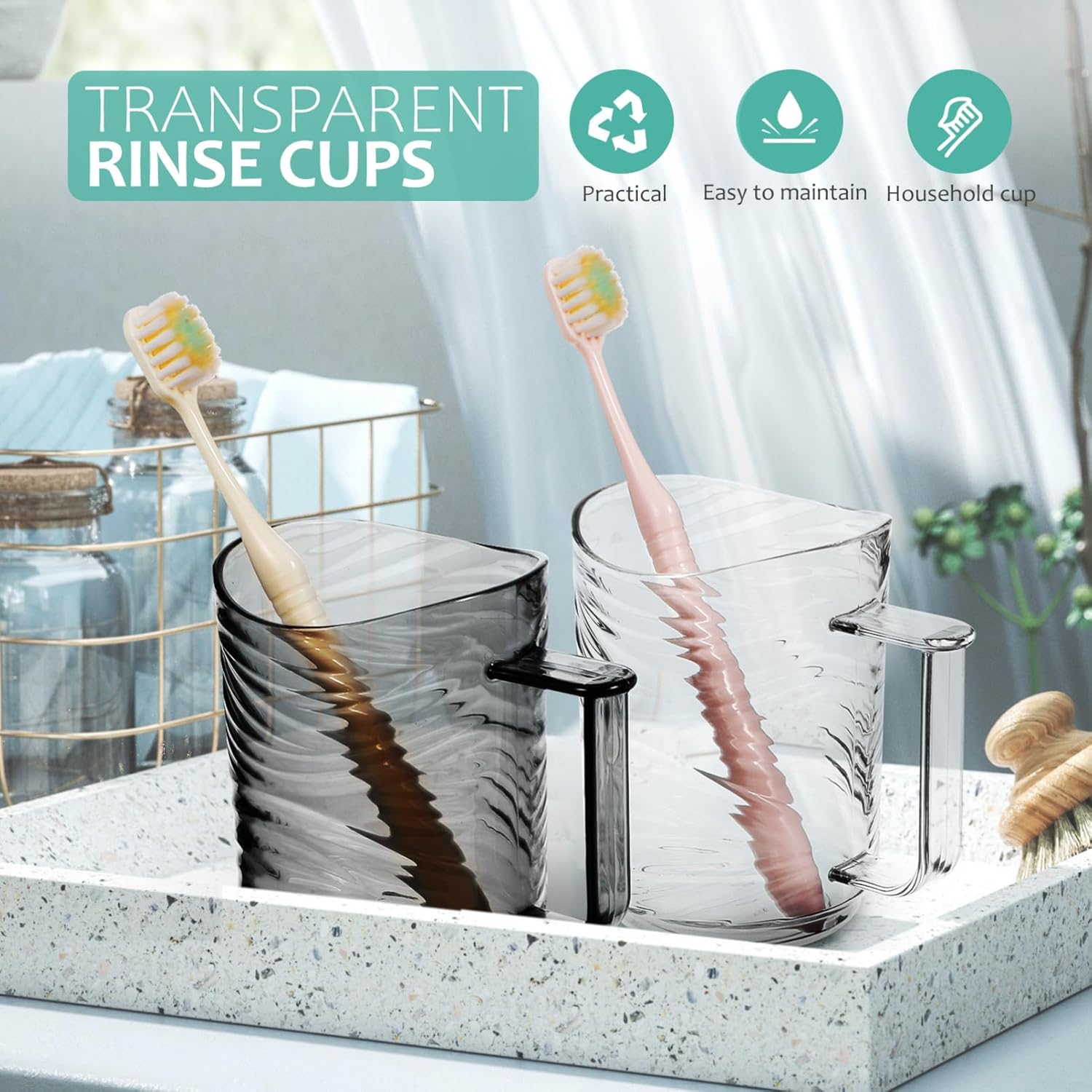 Double-Pack 2Pcs Transparent Plastic Toothbrush Holder with Ergonomic Handle