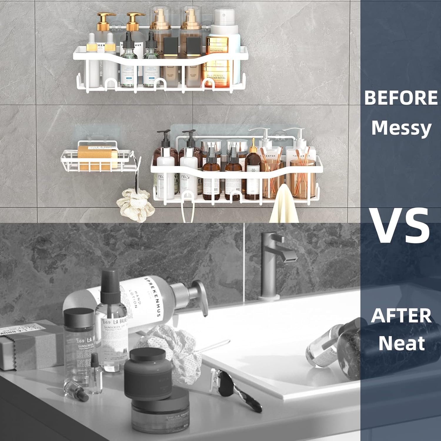 3-Pack Shower Caddy Organizer Large Capacity Rustproof Adhesive Bathroom Storage