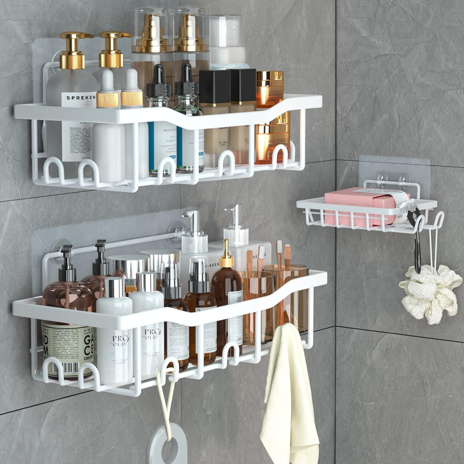 3-Pack Shower Caddy Organizer Large Capacity Rustproof Adhesive Bathroom Storage