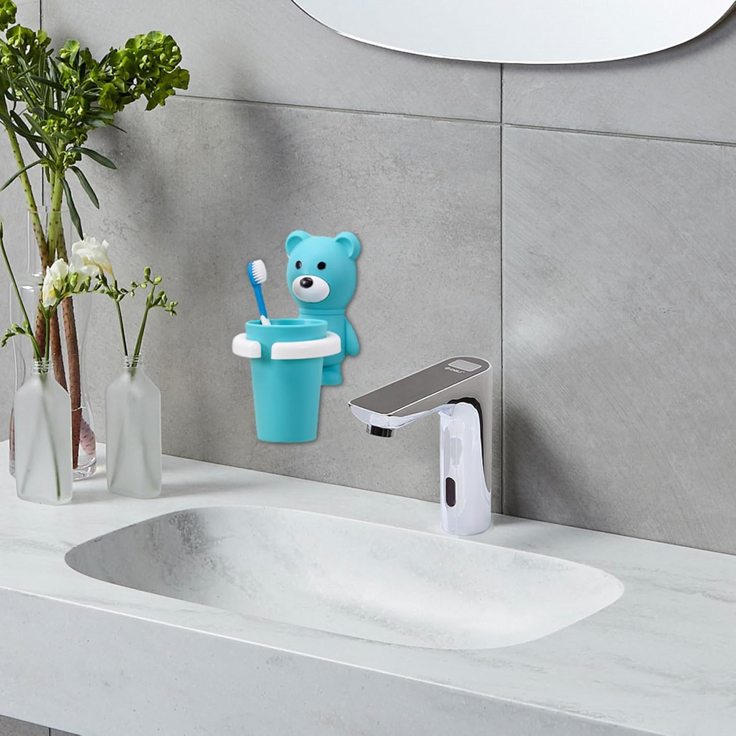 Kids Toothbrush Holder Set Bear Shaped Wall Mounted