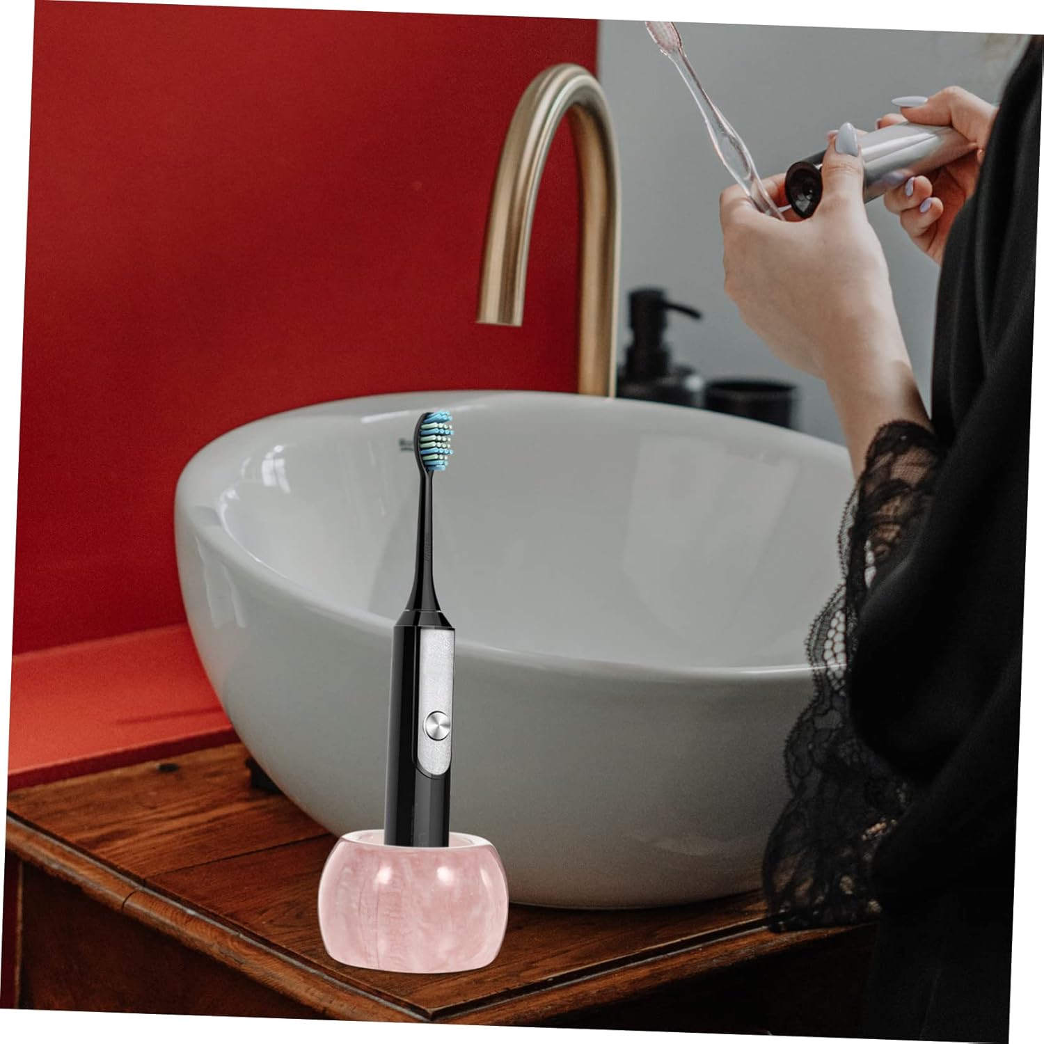 Two-Piece Marble Pattern Toothbrush Stand For Electric Toothbrushes Bathroom Holder