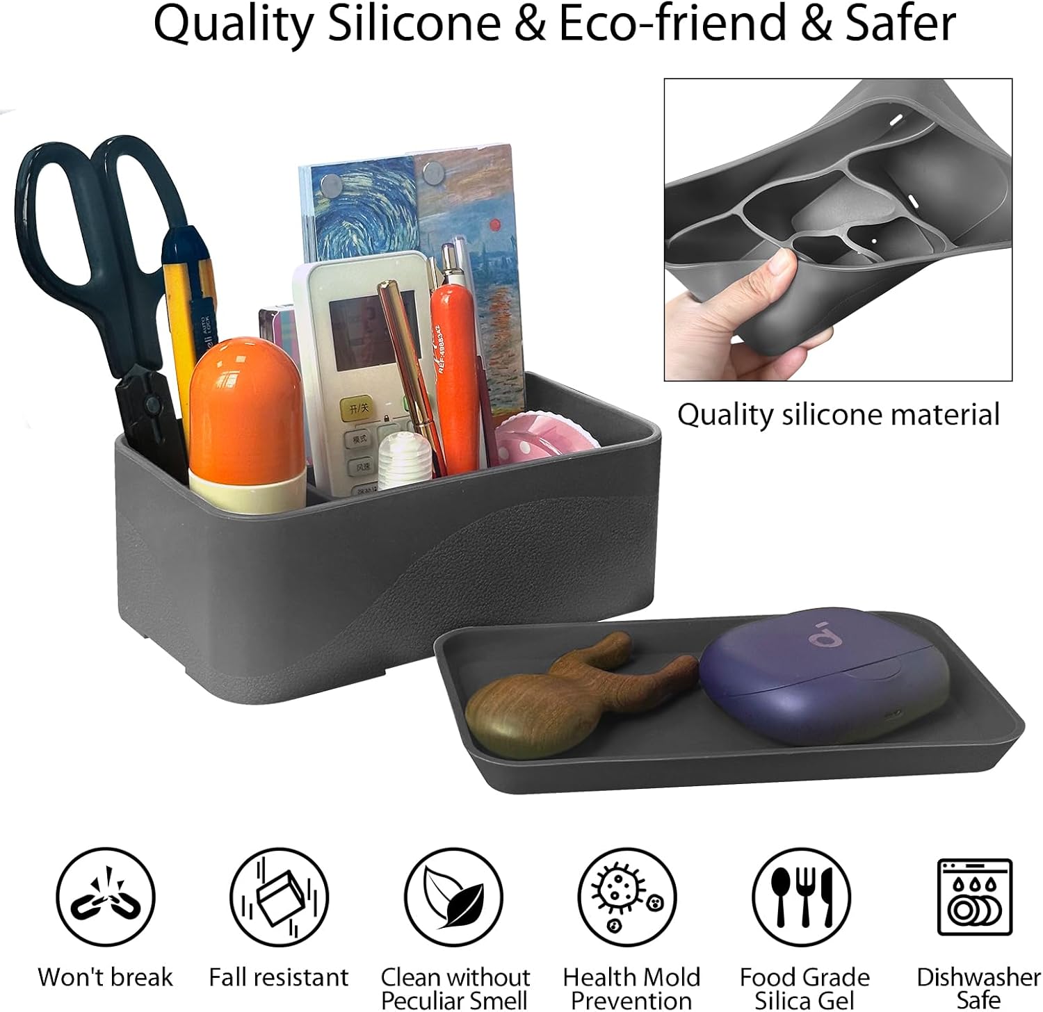 OKeanu Toothbrush and Toothpaste 6 Compartment Silicone Organizer - Darkgray