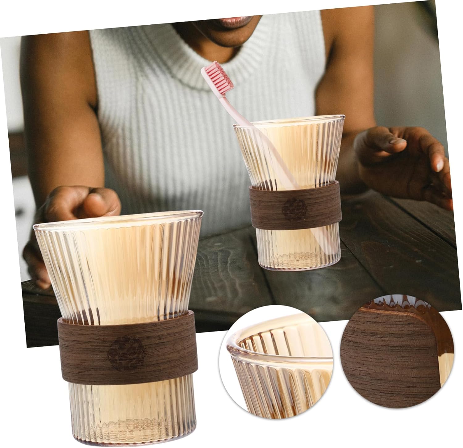 High-Quality Glass Toothbrush Mug with Wooden Waist Design