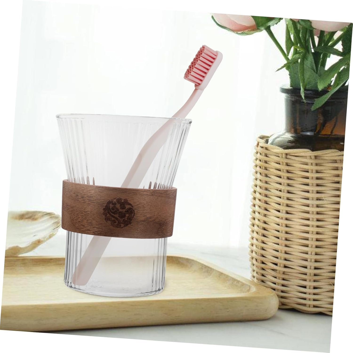 Cabilock Glass Toothbrush Cup with Wooden Handle
