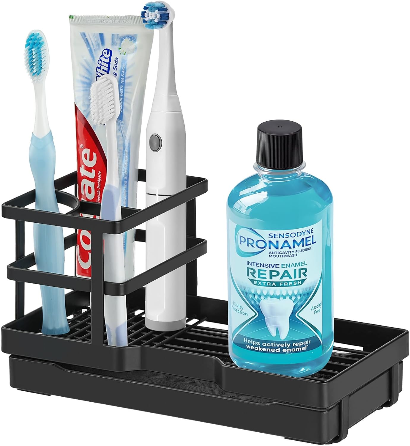 Stylish Black Toothbrush Holder Perfect for Your Bathroom with Drainage Countertop Organizer