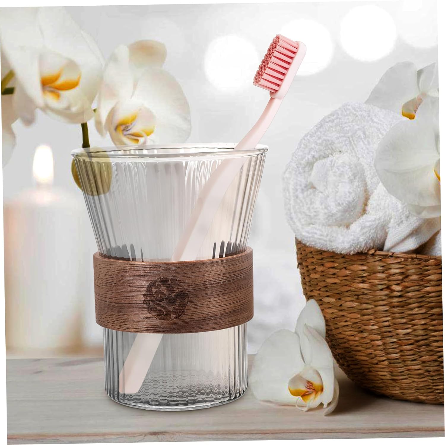 Wakauto Glass Toothbrush Cup with Wood Base