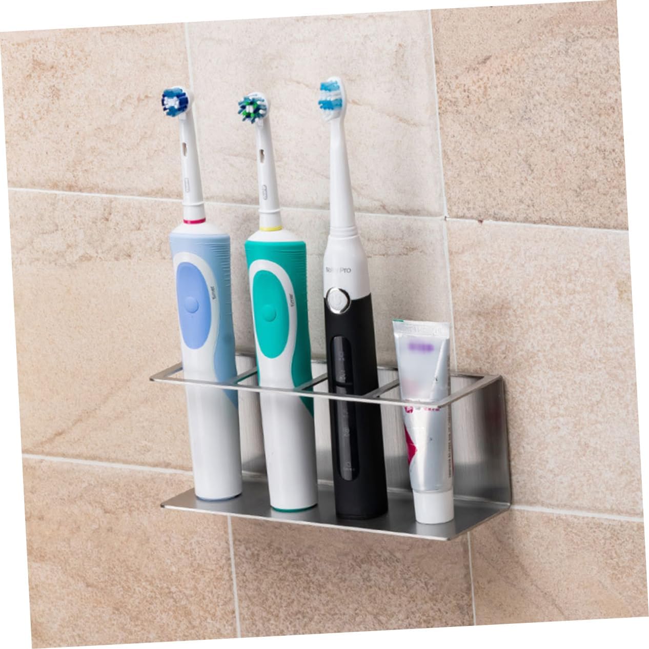 Wall Mounted Stainless Steel Toothpaste Organizer with Electric Toothbrush Slots