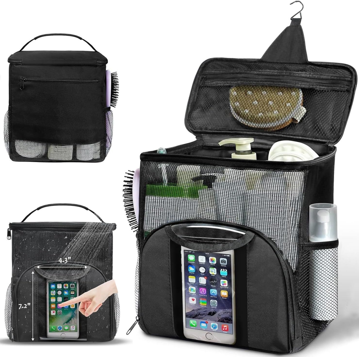 Compact Portable Mesh Shower Caddy with Phone Pocket for College Students