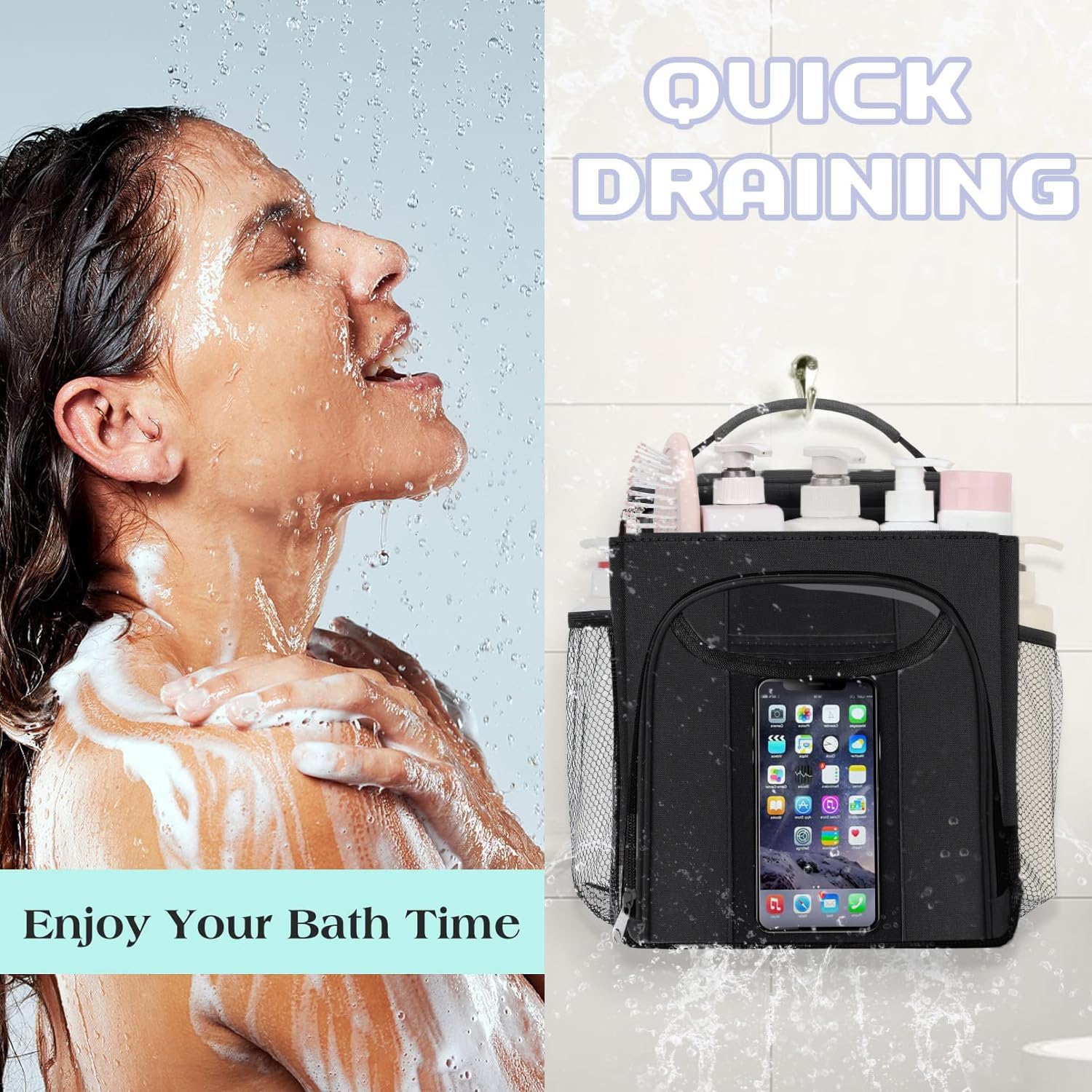 Compact Portable Mesh Shower Caddy with Phone Pocket for College Students