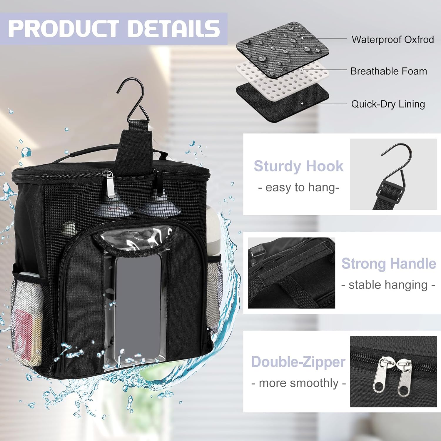 Compact Portable Mesh Shower Caddy with Phone Pocket for College Students