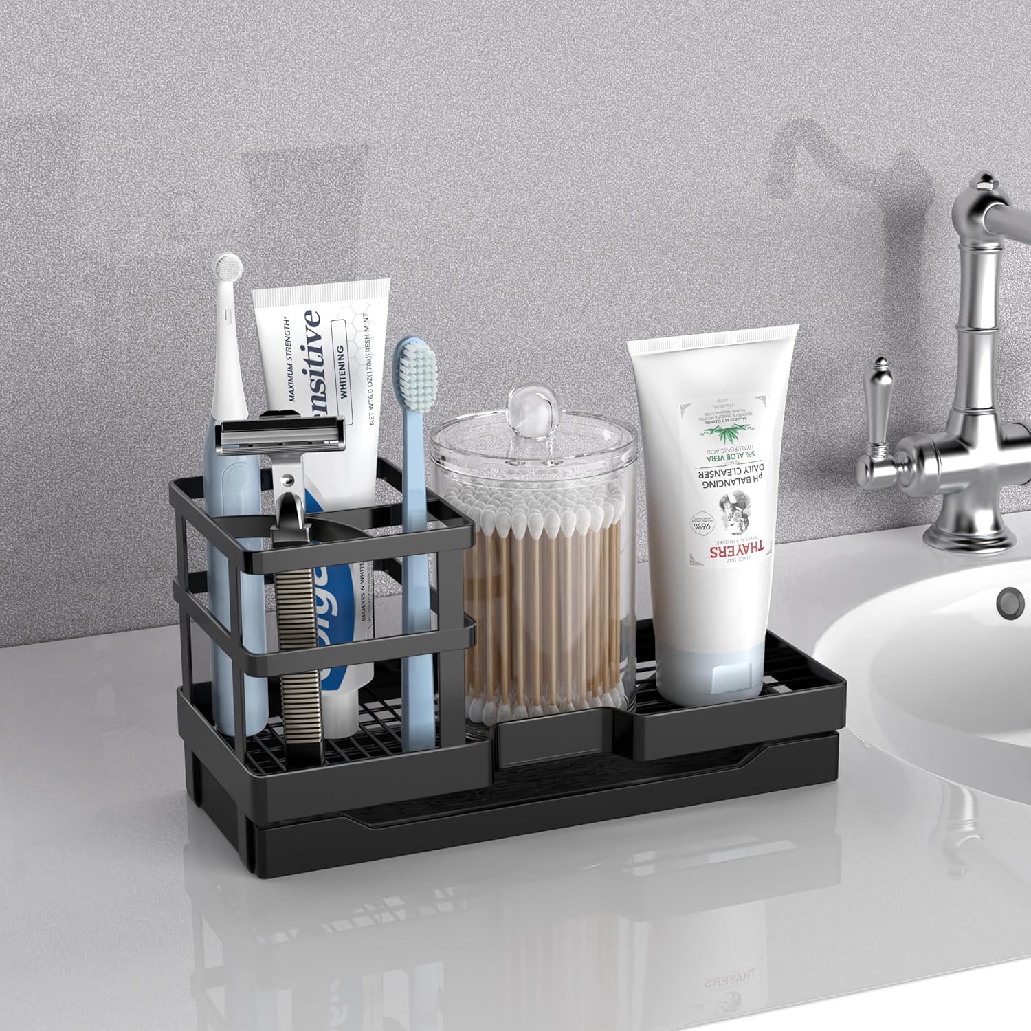 Stylish Black Toothbrush Holder Perfect for Your Bathroom with Drainage Countertop Organizer