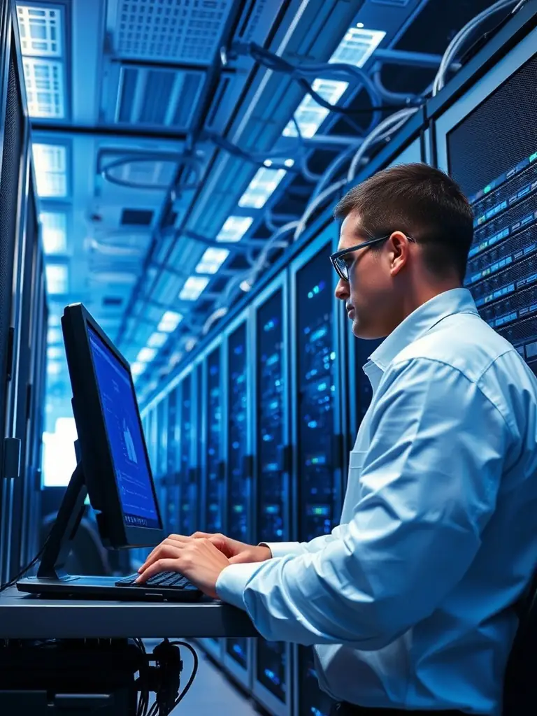 A secure data center with servers and networking equipment, symbolizing data protection and reliability.