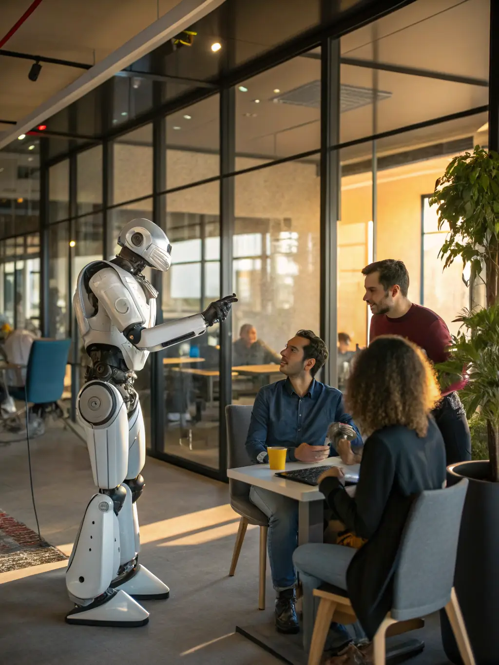 An AI-powered robot assisting a business professional, highlighting the integration of AI in business processes.